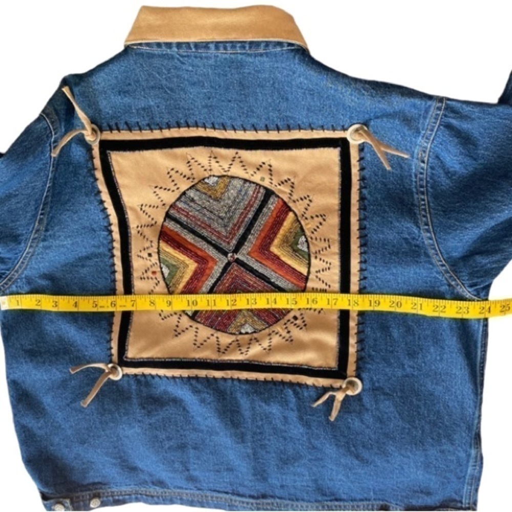 CARRIE ALLEN Denim Jacket Vintage Beaded Suede Long Sleeve Blue/Tan Women Size L - Picture 13 of 14